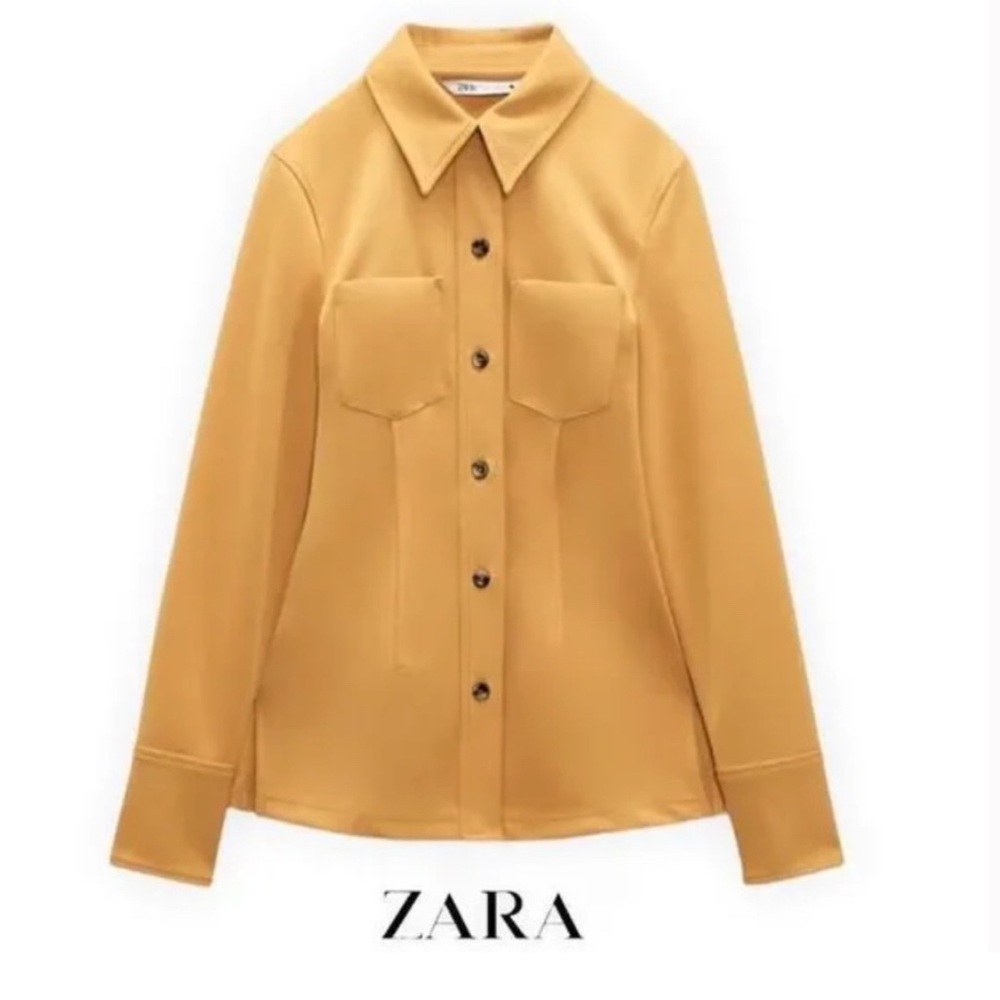Zara Women's Mustard Color Structured Button-Down Pocket Shirt